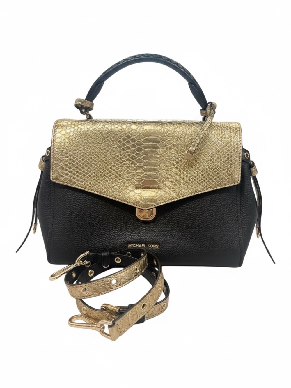GENUINE MK Bristol Black leather satchel with gold embossed snake accents 2017